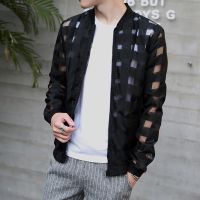 【YF】 Pierced Transparent Bomber Jacket Men 2021 Sun Protection Clothing Windbreaker Summer Thin Plaid Jackets Slim Fit Mens Coats