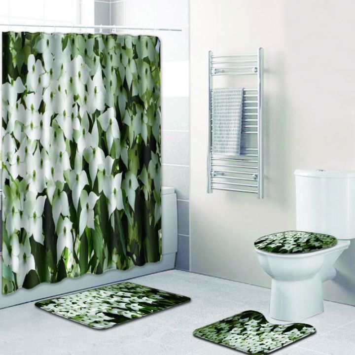 4pcs-3d-floral-bathroom-rug-bath-mat-set-with-waterproof-shower-curtain-toilet-floor-mat-anti-slip-u-shaped-shower-mat-bath-rugs