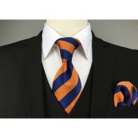 Navy Blue Orange Striped Mens Necktie Set Wedding Dress Bow Tie Pre-Tied Brand New Classic Hanky Extra long size