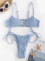 Zaful Spaghetti Strap Shirred Padded Bikini Set Female Micro Solid Two-Piece Suits Women Bathing Suit Lace Up zilian Biquini