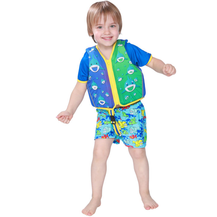 เสื้อชูชีพฉลามการ์ตูนเสื้อว่ายน้ำเด็กแขนสั้นสำหรับ-2-6-ปี