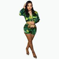 Two Piece Set Women Outfits Tie Dye Long Sleeve Bowknot Crop Top +Elastic Waist Shorts  Fall Party Club Tracksuit Suits