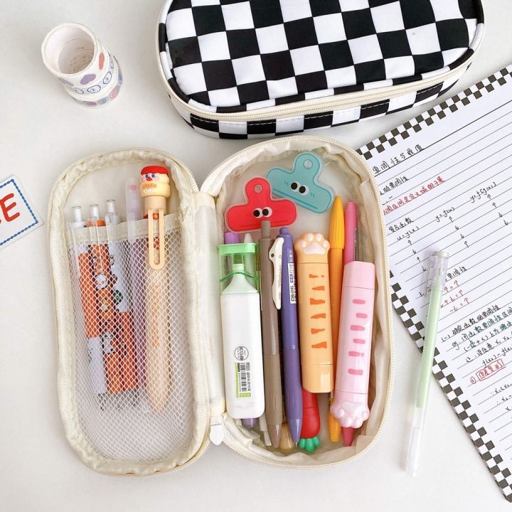 a-shack-กล่องดินสอมีลวดลายลายตารางหมากรุก-mode-korea-กล่องความจุมากกระเป๋าผ้าใบปากกานักเรียน