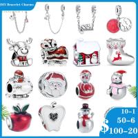 Silver 925 Charms Santa Claus Snowman Moose Apple Cat Chain DIY fine beads Christmas Charm Fit Original Pandora Charm Bracelet