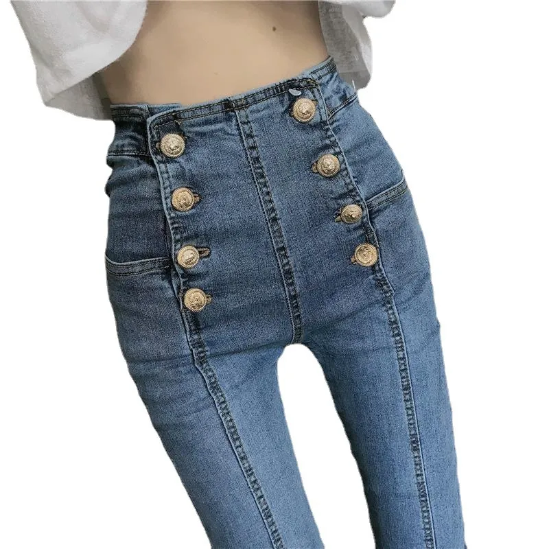 Women Jeans Buttons Up Spring Autumn Fashion Casual High Waist Elasic  Stretch Skinny Slim Pencil Bodycon Push Up Long Denim Pants Blue