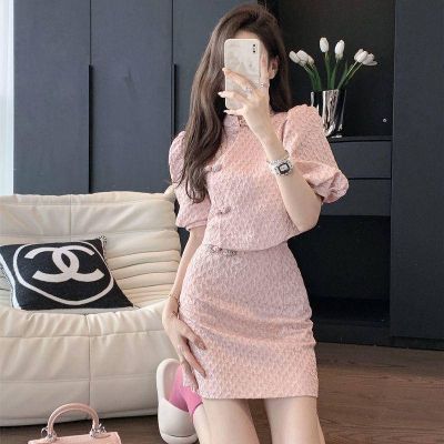 Small Fragrant Pink Suit Dress Womens New Summer Fashion Foreign Style Sexy Celebrity Temperament Cheongsam Short Dress Two Piece Set dd