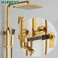 【LZ】✑❈▦  Conjunto de chuveiro digital dourado para banheiro Torneiras de chuveiro Chuveiro de chuva Sistema de chuveiro termostático dourado Latão de qualidade quente e frio