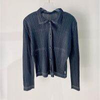 2023 Hot Miyake pleated denim series shirt  autumn fashion loose slimming white high-end shirt top