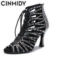 CINMIDY Latin Dance รองเท้าผู้หญิงในร่ม Hollow Out Ballroom Dance Boots รองเท้าส้นสูงรองเท้า Tango Salsa รองเท้าสำหรับเต้นรำ