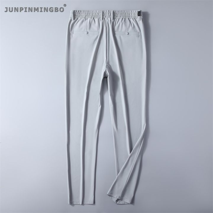 junpinmingbo-กางเกงทำงานผ้าไอซ์ซิลค์สำหรับผู้ชาย-กางเกงระบายอากาศแห้งเร็วกางเกงเอวยางยืด-celana-setelan-ไซส์ใหญ่สำหรับใส่ในออฟฟิศใส่ในฤดูร้อน