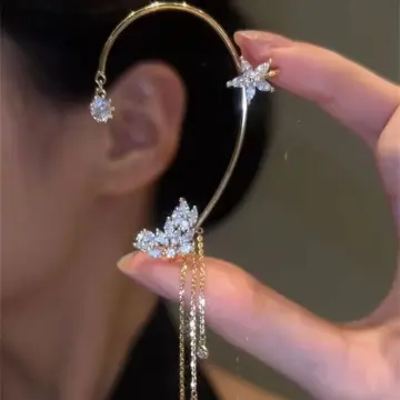 Korean Black Liquid Butterfly Pearl Tassel Ear Cuff Female Fashion