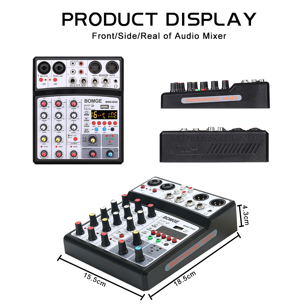 5V power supply BOMGE 4 channel 16 DSP dj audio sound mixer interface mixing console karaoke with MP3 USB Bluetooth black stereo record 48V phantom power 