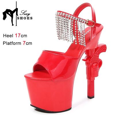รองเท้าส้นสีแดงสำหรับผู้หญิงรุ่นใหม่1รองเท้าแตะสำหรับงานเลี้ยงส้นสูงคริสตัลหุ้มข้อส้นสูงดีไซน์ใหม่