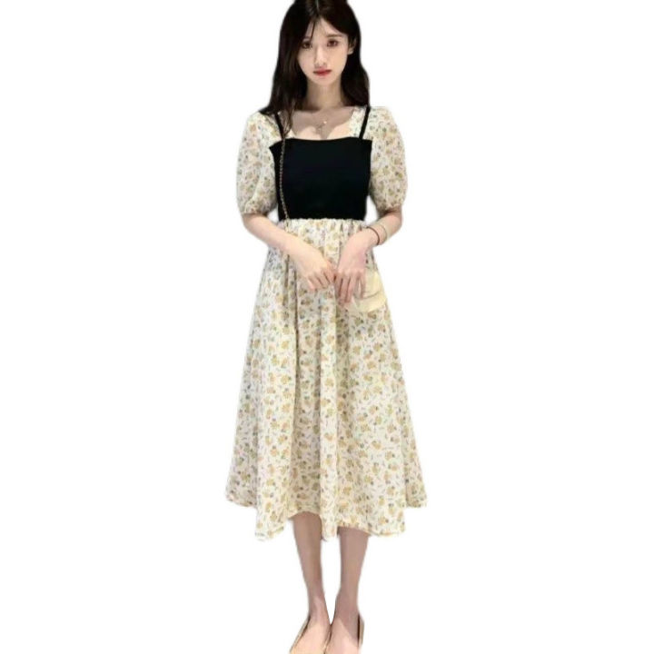 huilun-dress-model-baru-แบบฝรั่งเศสฤดูร้อนชุดเดรสดอกไม้สี่เหลี่ยมยาวเกรดสูง