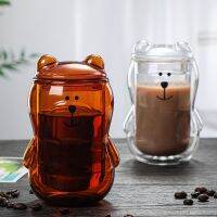 300ML Creative Bear Double Cup Personalized Coffee Mug with Cover Transparent Glass Coffee Cup Cute Cartoon Amber Bear Mugs