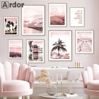 2023™✁▩ Sunset Pink Landscape Sea Posters Canvas Painting Palm Tree Art Poster Bridge Print Nordic Wall Pictures Living Room Home Decor