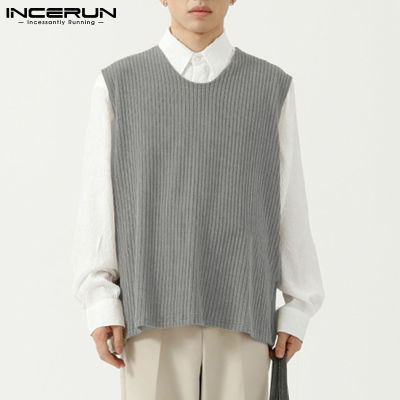 INCERUN เสื้อสเวตเตอร์ถักสำหรับผู้ชาย,เสื้อกันหนาวแบบสวมหัวคอลูกเรือแบบลำลองเสื้อฤดูใบไม้ร่วงสไตล์เกาหลี