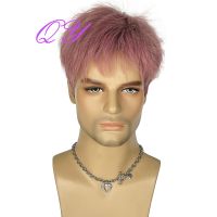 【jw】✓❀卐 Synthetic Men Wig Short Pink Straight With Bangs Or Adjustable Size Man Hair