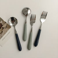 【2023】Round Head Dessert Spoon Cake Silver Fruit Fork Ceramic Handle Stainless Steel Coffee Teaspoons Kitchen Accessories Tableware ！