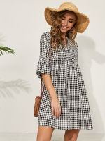 2022 Summer New Elegant Plaid Dress Women Clothing Flare Sleeve High Waist Casual Loose Dresses Half Sleeve All Match Mini Dress