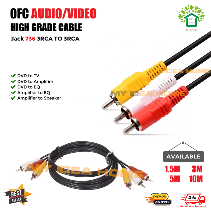Jack 736 1.5m/3m/5m/10m High Quality 3x3 3RCA TO 3RCA OFC Audio/Video