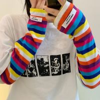 2Pcs New Women Fingerless Ice Silk Arm Sleeve UV Protection Rainbow Striped Cycling Driving Sleeve Girl Halloween Costume Glove