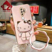 เคสมือจับสำหรับโทรศัพท์มือถือตั้ง Hello Kitty กระจกแต่งหน้าลายการ์ตูนน่ารัก3D สำหรับ OPPO A5 2020 A9 2020 A52 A92 A55 A53 A33 A83 A74 A93ฝาหลัง + สร้อยข้อมือคลื่น