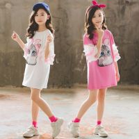 【Ladies shop】สาวฤดูLadies shopยาว T ShirtTee ชุด2022เด็กใหม่แขนพัฟ Vestidos Cat Sequinfor Girls