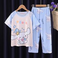 Sanrio อนิเมะ Cinnamoroll Kuromi Hello Kitty ชุดเสื้อใส่อยู่บ้านกางเกงขาสั้นเด็กน่ารักชุดนอนแบบสบายๆเด็กชายเด็กหญิงฤดูร้อน