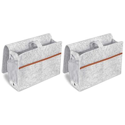 2X Bedside Organizer, Felt Bed Storage with Tissue Box and Water Bottle Holder, Magazine Phone Tablet - Light Gray