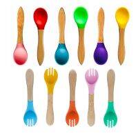 Baby Feeding Fork Set  Baby Feeding Spoon SetOrganic Bamboo Handle and Gum-Friendly Soft Silicone Tips Bowl Fork Spoon Sets