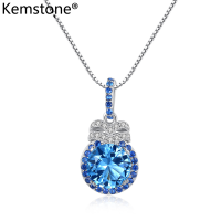 Kemstone 925เงินสเตอร์ลิงสีฟ้าคริสตัลจี้ทรงกลมสร้อยคอเครื่องประดับสำหรับของขวัญสตรี