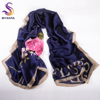 Hot [BYSIFA] Navy Blue ดอกกุหลาบจีนผ้าพันคอผู้หญิงฤดูใบไม้ร่วงฤดูหนาว Utrlong Top Grade ยี่ห้ออินเทรนด์ผ้าไหมตัวอักษรยาวผ้าพันคอ Shawl Wrap