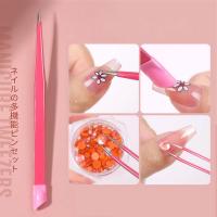 1pc 2 heads Straight Nail Tweezers with Silicone Pressing Head for 3D Sticker Rhinestones Water Sticker Picker Metal Nails Tools