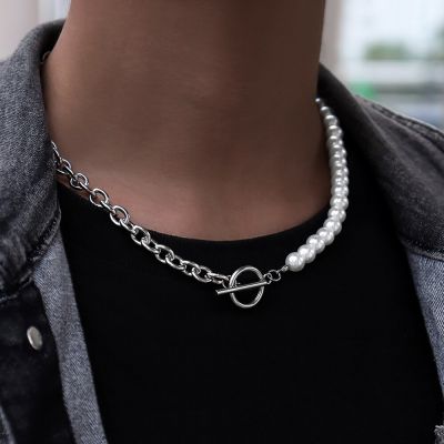 【CW】New Fashion Chunky Chain Necklace Men Classic Stainless Steel Toggle Clasp Imitation Pearls Necklace For Men Jewelry Gift