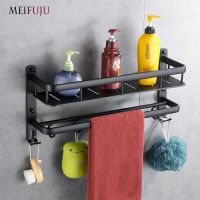 ∏▼ Single Dual Tier Bathroom Corner Shelf with Floating Hooks Shower Black Aluminum Wall Mounted Towel Storage Rack Holder