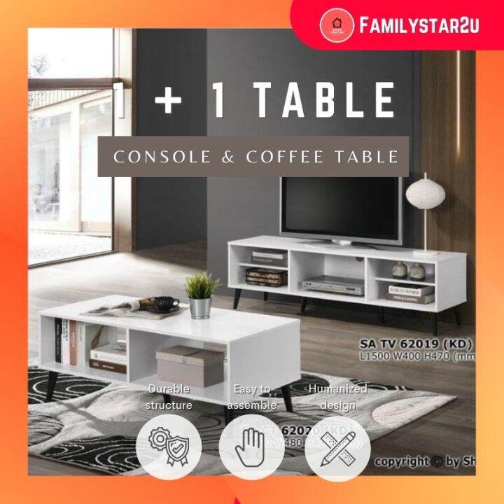 Familystar2u White Color TV and Coffee Table Full Set (2 in 1) Furniture Rack TV Rack