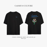 Cassius-เสื้อยืดสีดำแขนสั้น ลาย flower โอเวอร์ไซส์ สไตล์เกาหลี