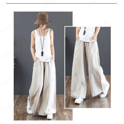 sunmi กางเกงผ้าฝ้ายสีขาวเอวสูงขนาดใหญ่สไตล์วินเทจสบายๆสำหรับผู้หญิง