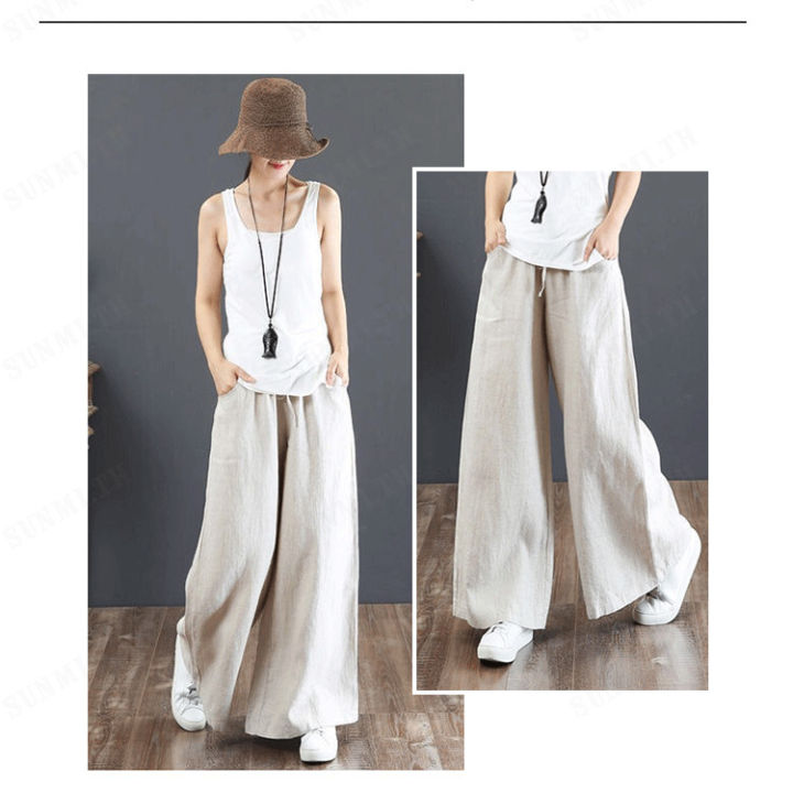 sunmi-กางเกงผ้าฝ้ายสีขาวเอวสูงขนาดใหญ่สไตล์วินเทจสบายๆสำหรับผู้หญิง
