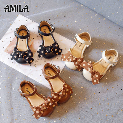 AMILA รองเท้าแตะเด็กผู้หญิงลายจุดน่ารัก,รองเท้าหนังขนาดเล็กผูกโบว์รองเท้าเจ้าหญิงสีทึบ
