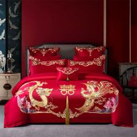 Luxury Gold Dragon Phoenix Embroidery Red Chinese Wedding Cotton Bedding Set 4/6/8Pcs Quilt/Duvet Cover Bed Sheet Pillowcase