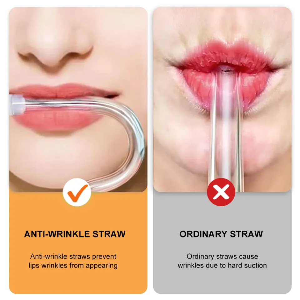 2PCS Anti Wrinkle Straw, Reusable Anti Wrinkle Drinking Straw Glass Straw,  Lip Straw for Wrinkles, Set of 2 Anti Lip Wrinkle Straw and 1 brush