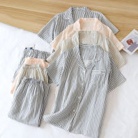 2021New spring and summer couple short-sleeved trousers pajamas two-piece 100 cotton gauze simple striped thin home service suit