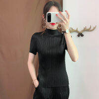 LANMREM Black Stand-up Collar Short-sleeved Pleated Loose Plus Woman T-shirt Casual Simple Fashion 2021 autumn New TV737