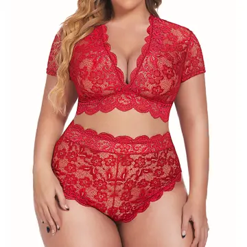Women Mesh Sexy Red Lingerie Plus Size Wireless Bra Panty