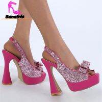 hot【DT】◊∏∈  Chunky Heeled Sandals 2023 New Fashion Pumps Shoes European Glitter Bow Platform Wedding