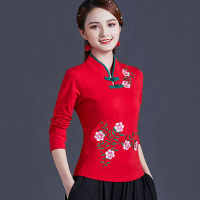 Cheongsam ขนาดบวกของผู้หญิงยืนท็อปส์คอ2023ฤดูใบไม้ผลิผ้าฝ้ายผสมเย็บปักถักร้อยแขนยาวสไตล์จีน Qipao เสื้อผู้หญิง