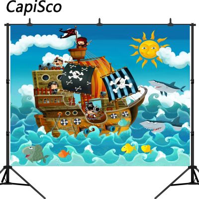 【Worth-Buy】 Capisco ฉากหลังถ่ายภาพเรือโจรสลัดการ์ตูนฉลามการล่องเรือในทะเลผจญภัยเด็กวันเกิดพื้นหลังสตูดิโอถ่ายภาพ