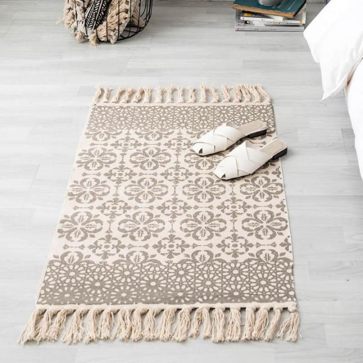 Retro Bohemian Hand Tassel Woven Cotton Linen Carpet Bedside Rug